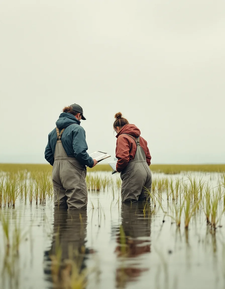 Two volunteers in chest waders counting eelgrass in a salt marsh at low tide, one holding a clipboard
