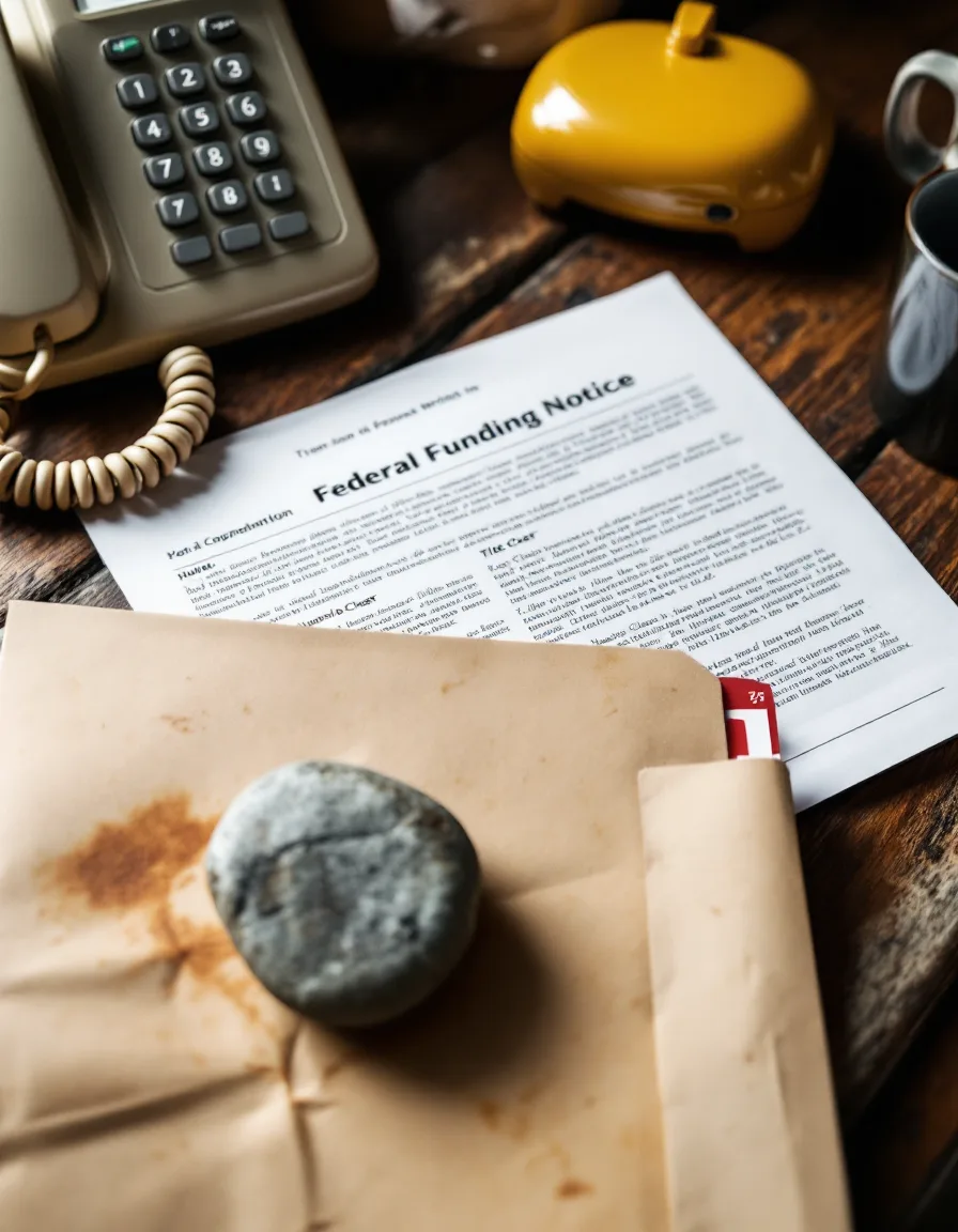 A corded telephone on an oak desk next to a pencil-marked funding notice and a tide chart held down by a beach stone